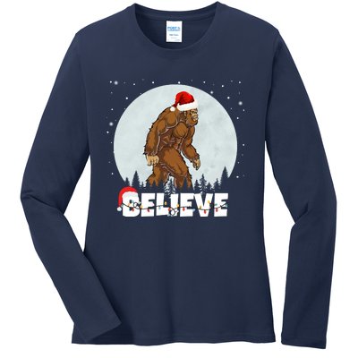 Believe Christmas Bigfoot Holiday Ladies Long Sleeve Shirt