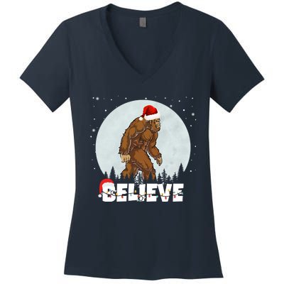 Believe Christmas Bigfoot Holiday Women's V-Neck T-Shirt