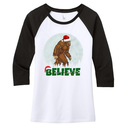 Believe Christmas Bigfoot Holiday Women's Tri-Blend 3/4-Sleeve Raglan Shirt