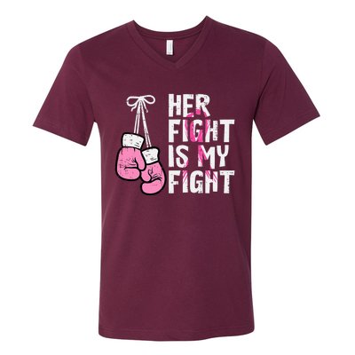 Breast Cancer Boxing Gloves Her Fight My Fight V-Neck T-Shirt