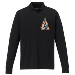 Booklovers Christmas Book Tree Gift Performance Long Sleeve Polo