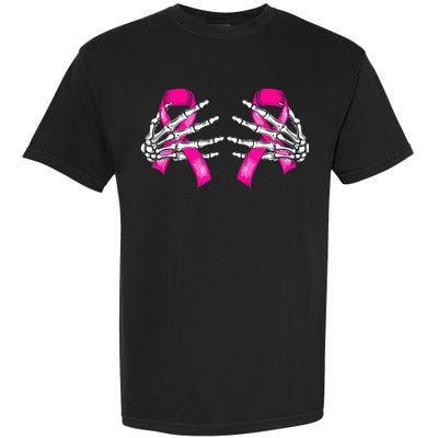 Breast Cancer Boob Skeleton Hand On Ribbon Halloween Garment-Dyed Heavyweight T-Shirt