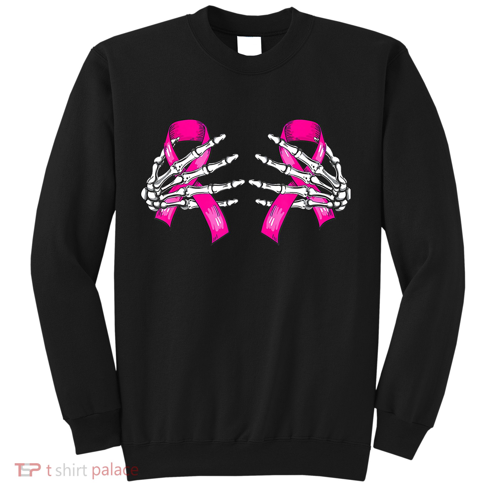 Breast Cancer Boob Skeleton Hand On Ribbon Halloween Sweatshirt