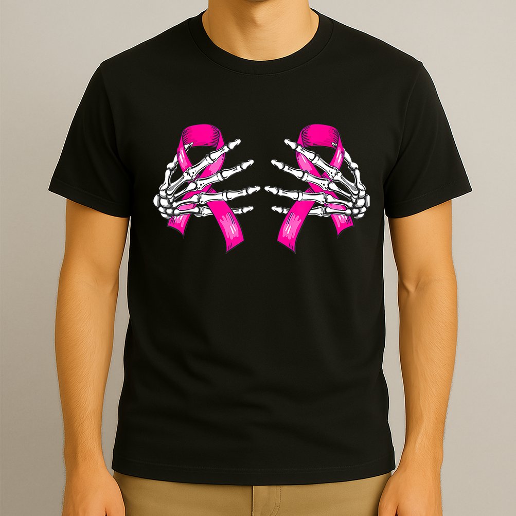 Breast Cancer Boob Skeleton Hand On Ribbon Halloween T-Shirt