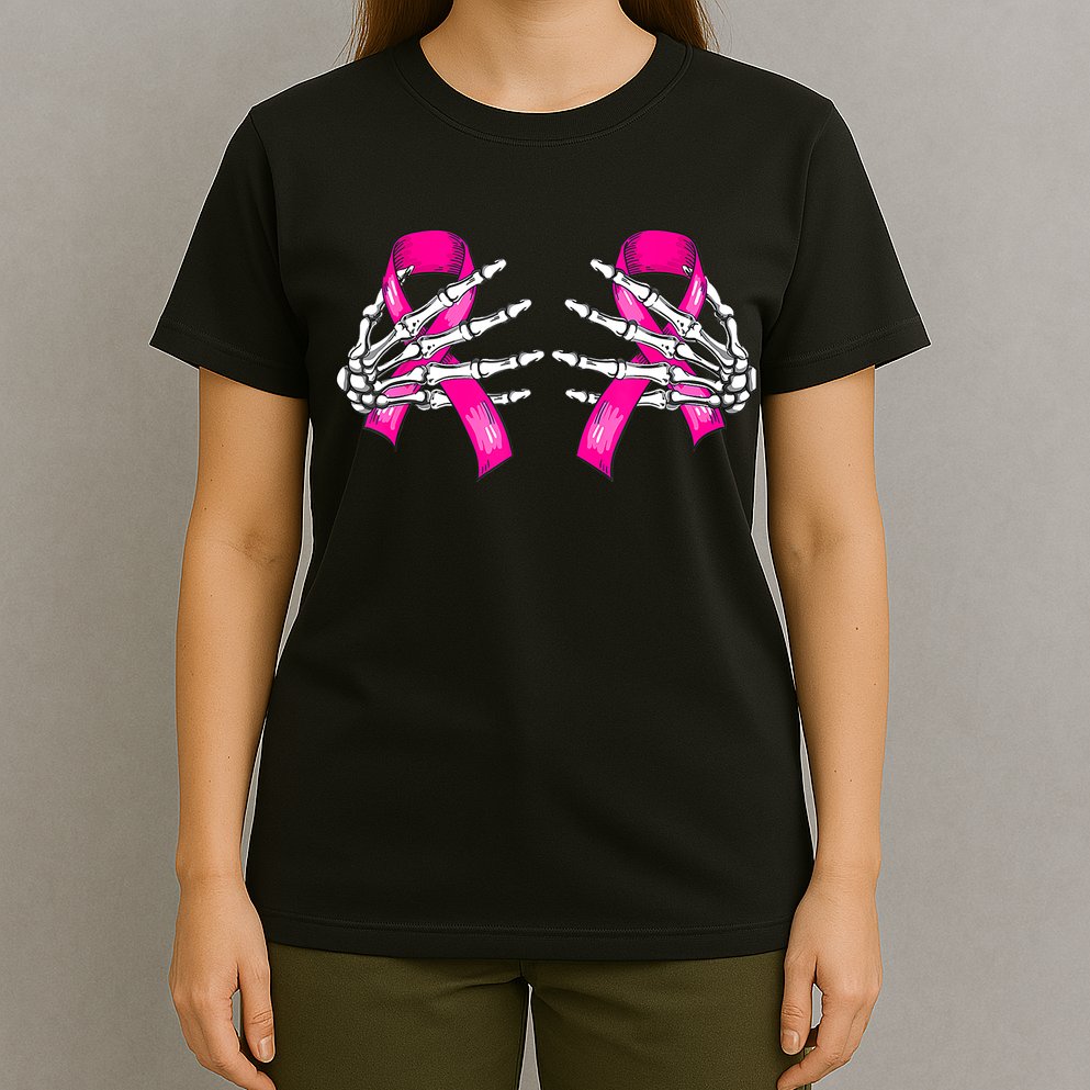Breast Cancer Boob Skeleton Hand On Ribbon Halloween T-Shirt