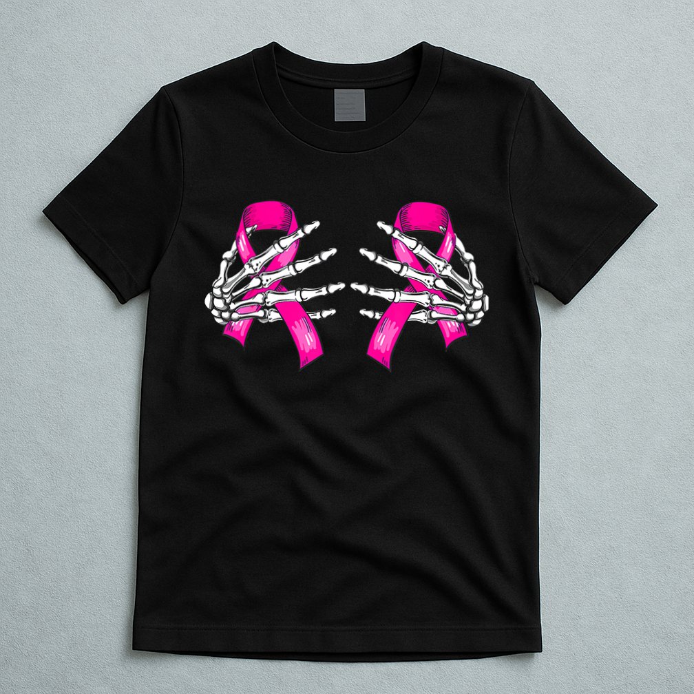 Breast Cancer Boob Skeleton Hand On Ribbon Halloween T-Shirt