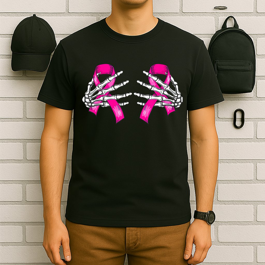 Breast Cancer Boob Skeleton Hand On Ribbon Halloween T-Shirt