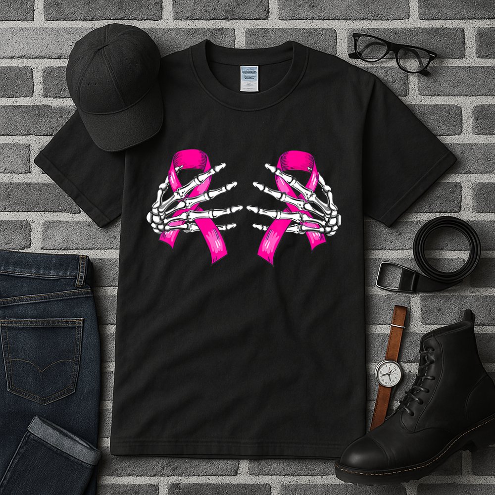 Breast Cancer Boob Skeleton Hand On Ribbon Halloween Tall T-Shirt