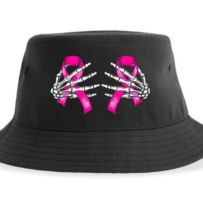 Breast Cancer Boob Skeleton Hand On Ribbon Halloween Sustainable Bucket Hat