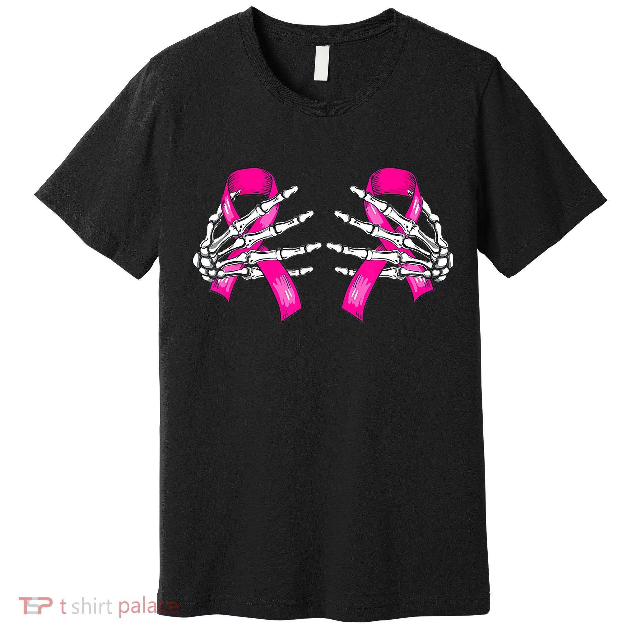 Breast Cancer Boob Skeleton Hand On Ribbon Halloween Premium T-Shirt