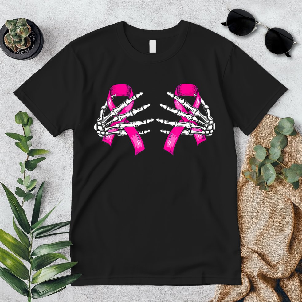 Breast Cancer Boob Skeleton Hand On Ribbon Halloween Premium T-Shirt