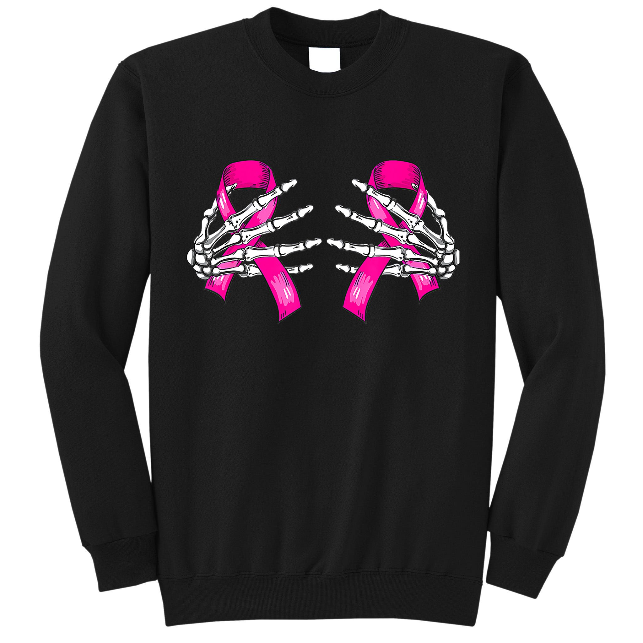 Breast Cancer Boob Skeleton Hand On Ribbon Halloween Tall Sweatshirt