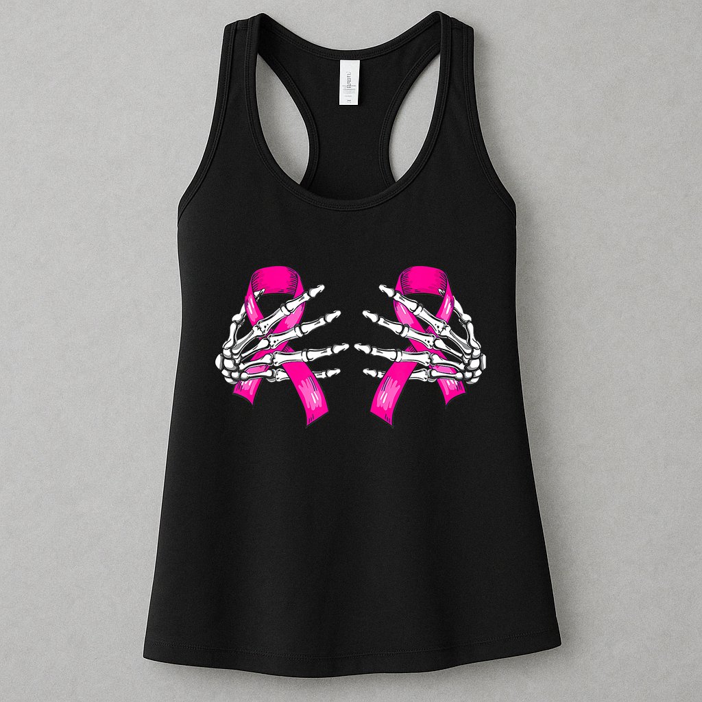 Breast Cancer Boob Skeleton Hand On Ribbon Halloween Womens Tank Top