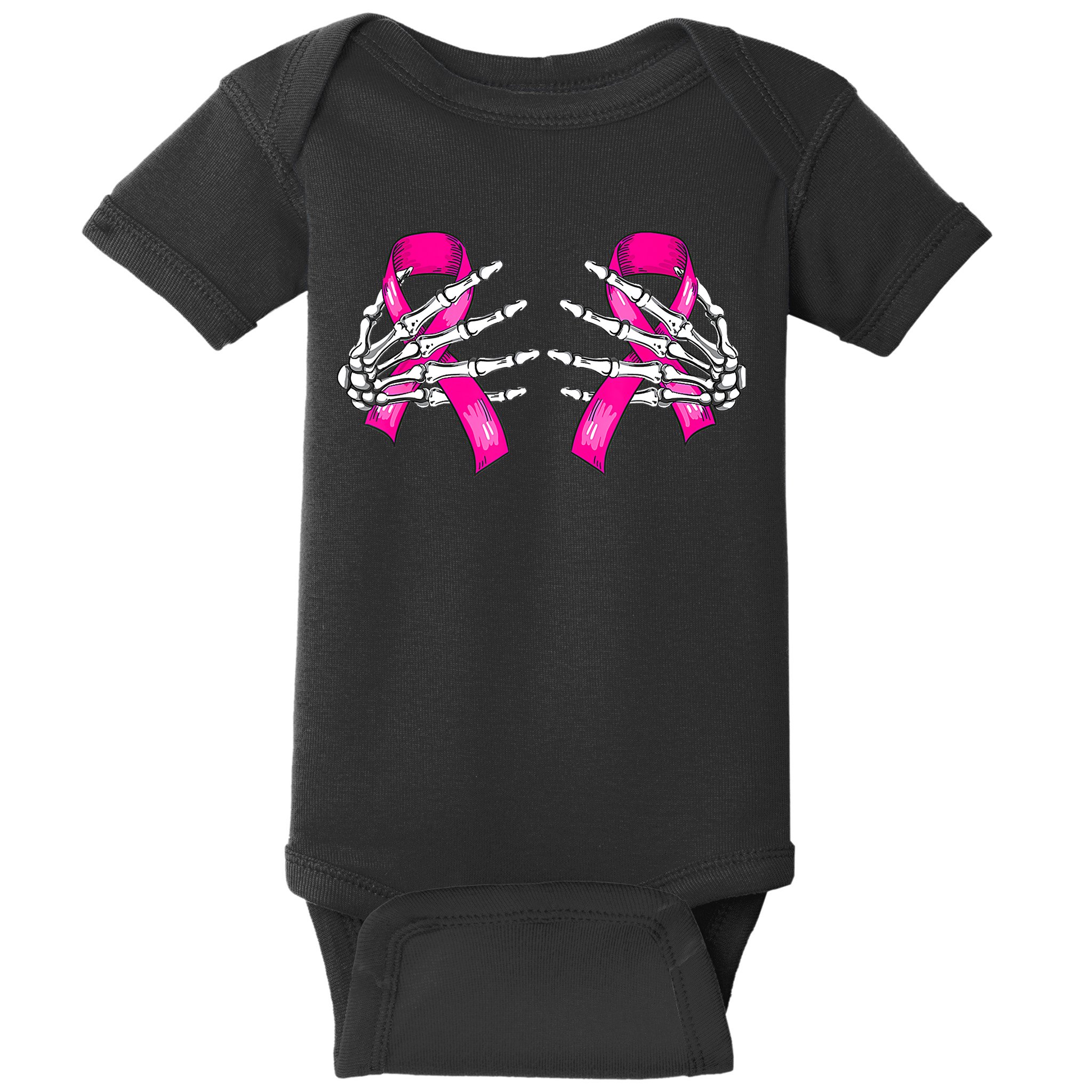 Breast Cancer Boob Skeleton Hand On Ribbon Halloween Baby Bodysuit