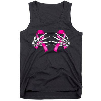 Breast Cancer Boob Skeleton Hand On Ribbon Halloween Tank Top