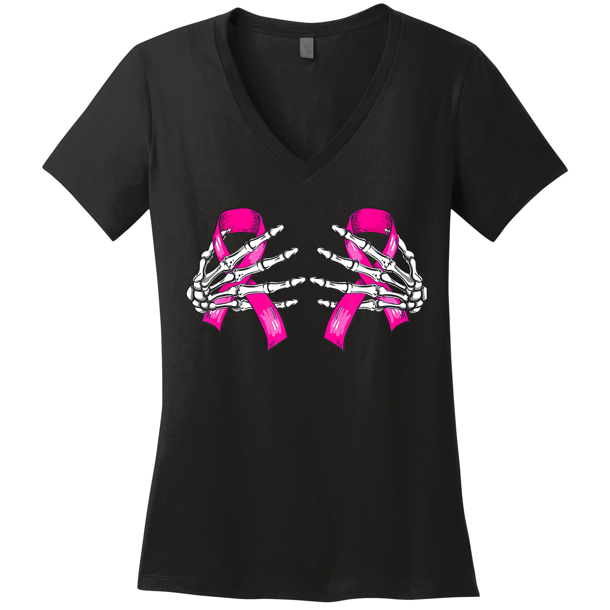 Breast Cancer Boob Skeleton Hand On Ribbon Halloween Women's V-Neck T-Shirt