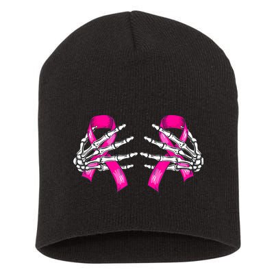 Breast Cancer Boob Skeleton Hand On Ribbon Halloween Short Acrylic Beanie