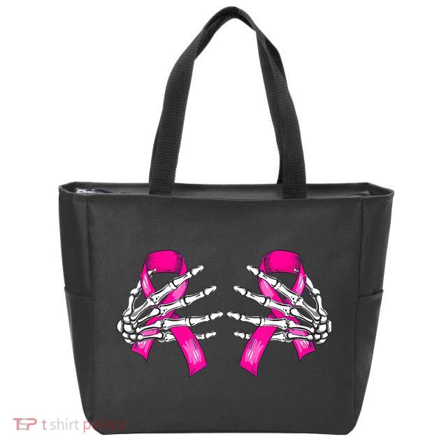 Breast Cancer Boob Skeleton Hand On Ribbon Halloween Zip Tote Bag