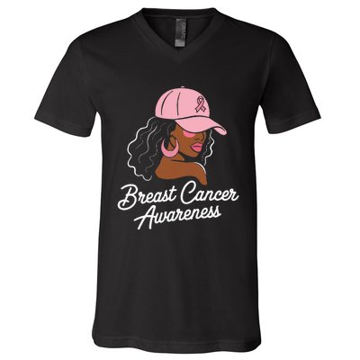 Breast Cancer Black Hair Hat V-Neck T-Shirt