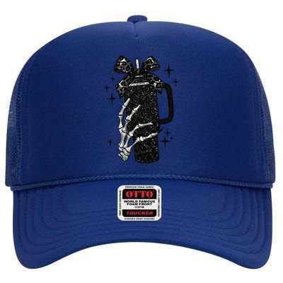 Black Coquette Bow Skeleton High Crown Mesh Back Trucker Hat