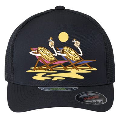 Bitcoin Crypto Beach Vacation Flexfit Unipanel Trucker Cap