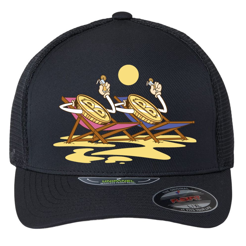 Bitcoin Crypto Beach Vacation Flexfit Unipanel Trucker Cap
