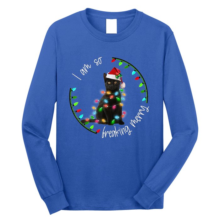 Black Cat Christmas Light I Am So Freaking Merry Gift Long Sleeve Shirt