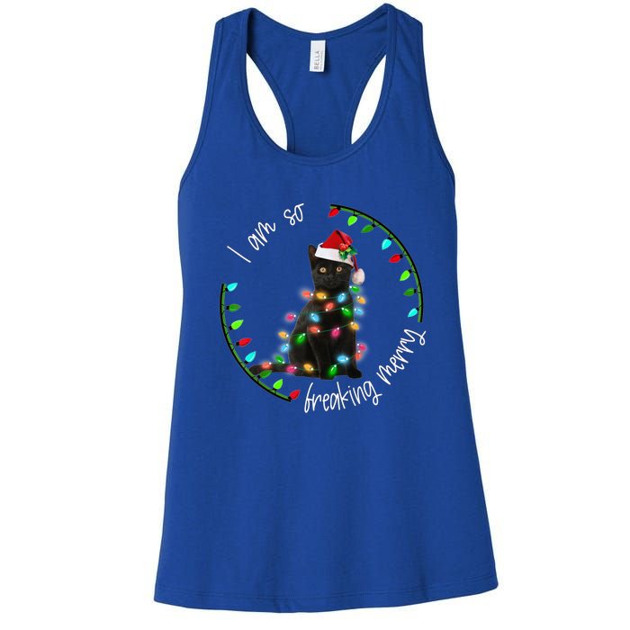 Black Cat Christmas Light I Am So Freaking Merry Gift Women's Racerback Tank