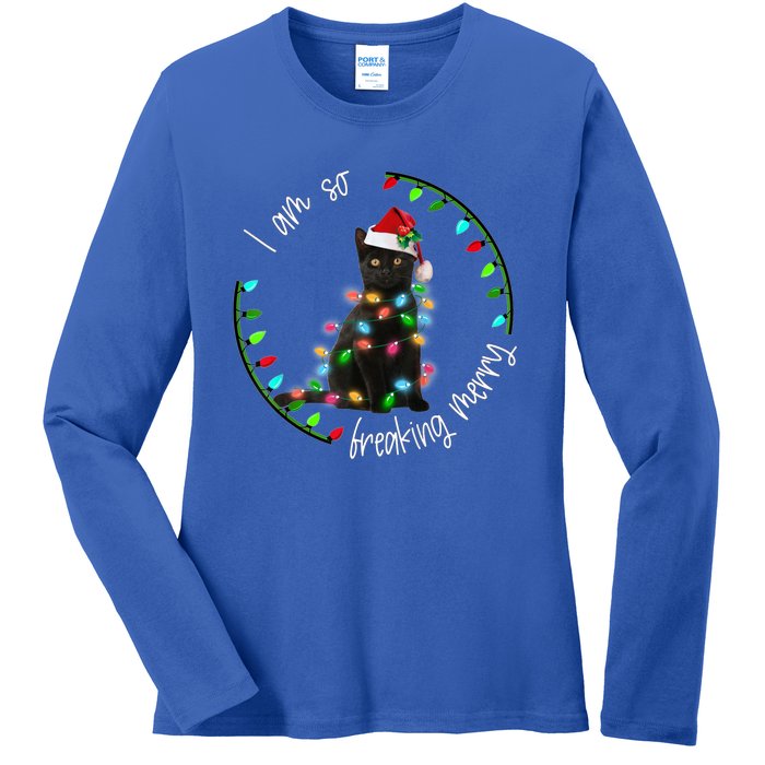 Black Cat Christmas Light I Am So Freaking Merry Gift Ladies Long Sleeve Shirt