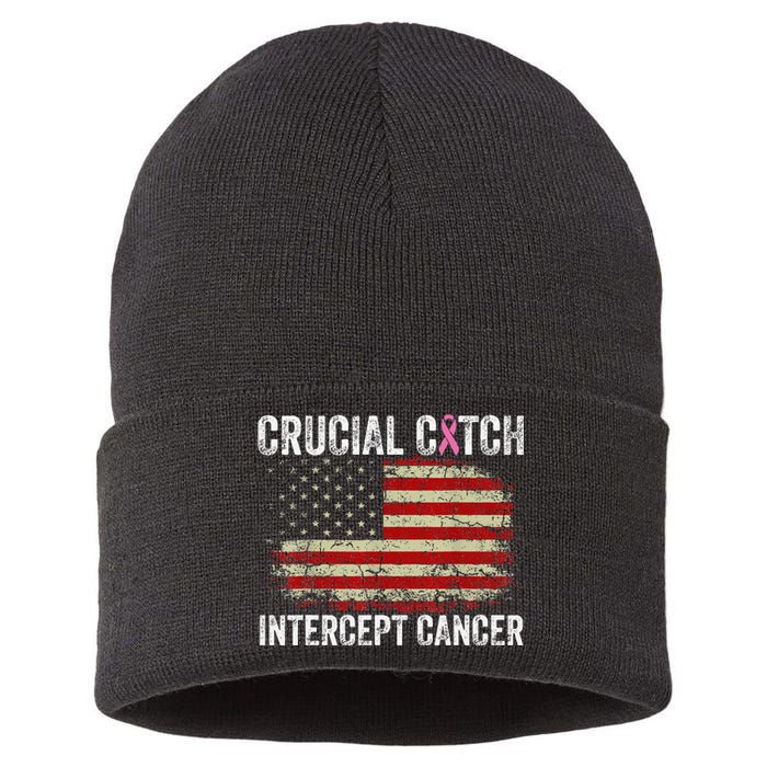 Breast Cancer Crucial A Catch Intercept Cancer Us Flag Sustainable Knit Beanie