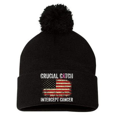 Breast Cancer Crucial A Catch Intercept Cancer Us Flag Pom Pom 12in Knit Beanie