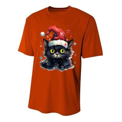 Black Cat Christmas Cool Gift Xmas Tree Lights Xmas Black Cat Funny Gift Performance Sprint T-Shirt