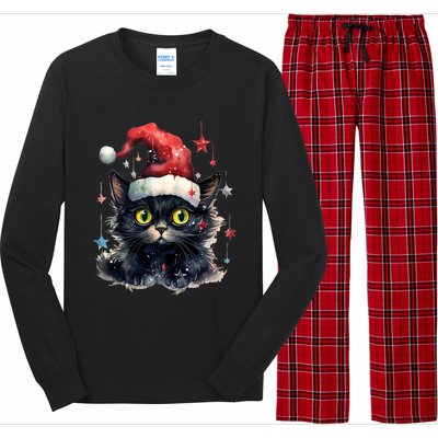 Black Cat Christmas Cool Gift Xmas Tree Lights Xmas Black Cat Funny Gift Long Sleeve Pajama Set