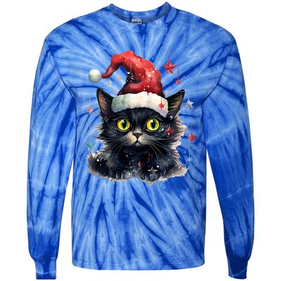 Black Cat Christmas Cool Gift Xmas Tree Lights Xmas Black Cat Funny Gift Tie-Dye Long Sleeve Shirt