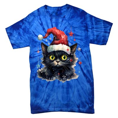 Black Cat Christmas Cool Gift Xmas Tree Lights Xmas Black Cat Funny Gift Tie-Dye T-Shirt