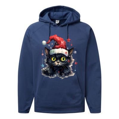 Black Cat Christmas Cool Gift Xmas Tree Lights Xmas Black Cat Funny Gift Performance Fleece Hoodie