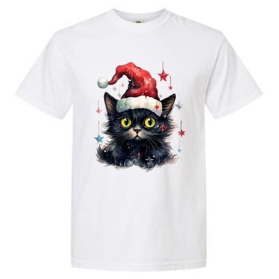 Black Cat Christmas Cool Gift Xmas Tree Lights Xmas Black Cat Funny Gift Garment-Dyed Heavyweight T-Shirt