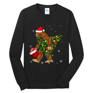 Bigfoot Carrying Christmas Tree Sasquatch Believer Pajama Tall Long Sleeve T-Shirt