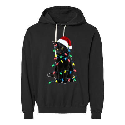 Black Cat Christmas Tree Lights Funny Santa Kitten Led Light Gift Garment-Dyed Fleece Hoodie
