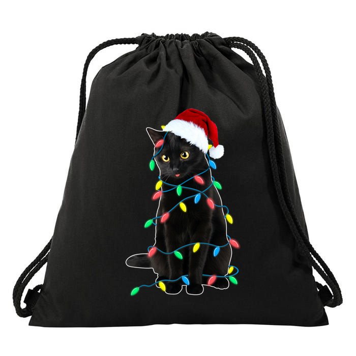 Black Cat Christmas Tree Lights Funny Santa Kitten Led Light Gift Drawstring Bag