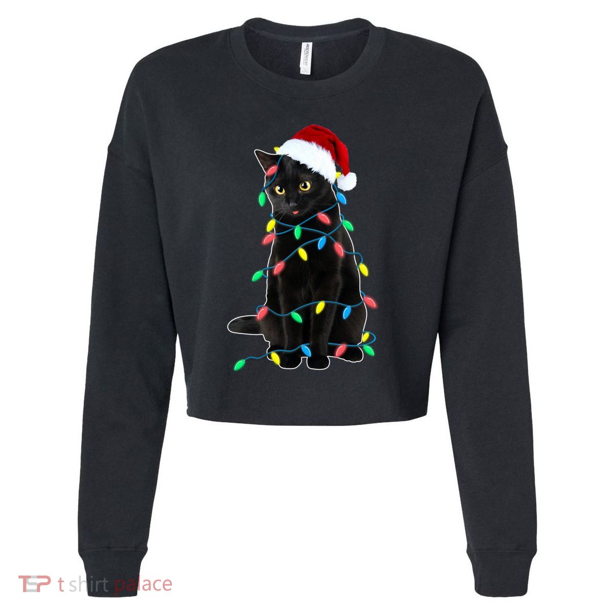 Black Cat Christmas Tree Lights Funny Santa Kitten Led Light Gift Cropped Pullover Crew