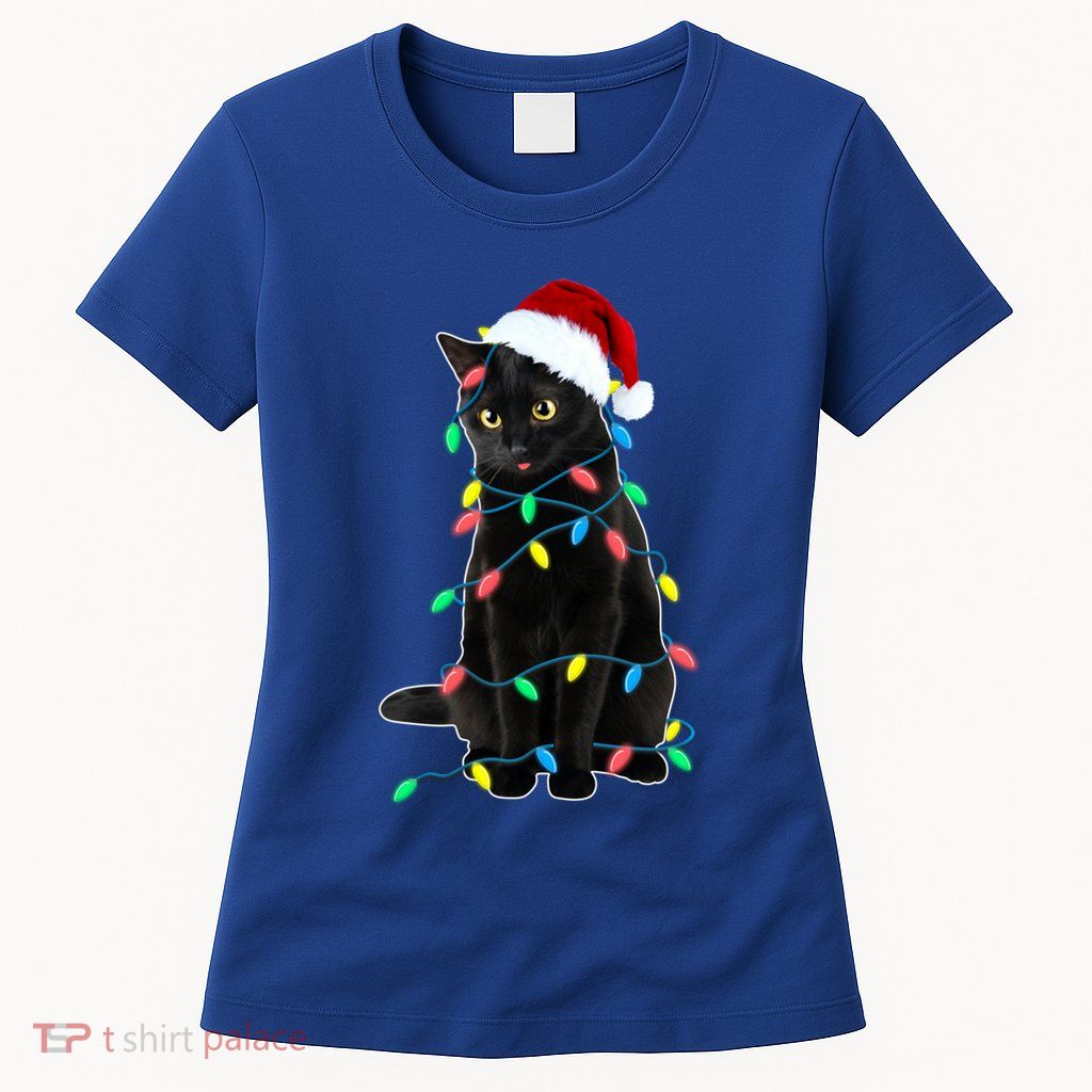 Black Cat Christmas Tree Lights Funny Santa Kitten Led Light Gift Womens T-Shirt