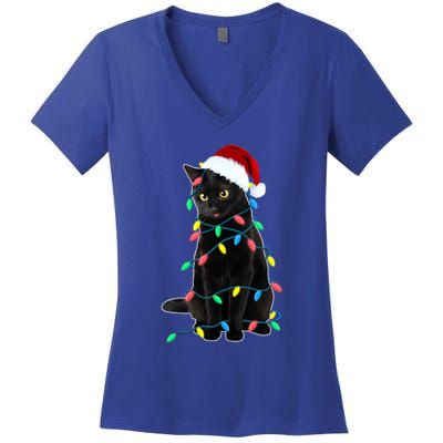 Black Cat Christmas Tree Lights Funny Santa Kitten Led Light Gift Women's V-Neck T-Shirt