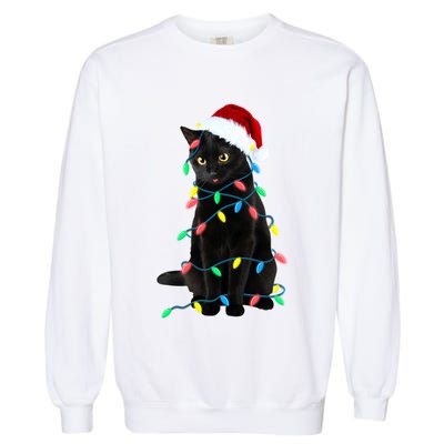 Black Cat Christmas Tree Lights Funny Santa Kitten Led Light Gift Garment-Dyed Sweatshirt