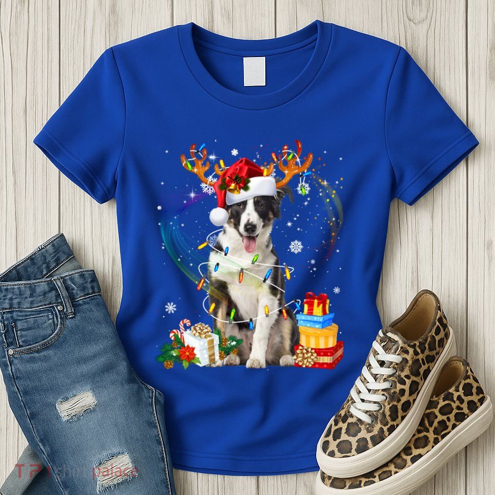 Border Collie Christmas Tree Light Pajama Dog Xmas Gift Womens T-Shirt