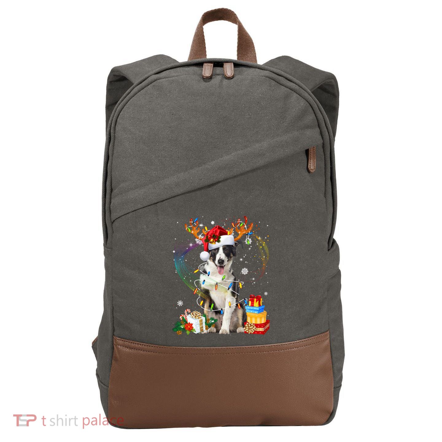 Border Collie Christmas Tree Light Pajama Dog Xmas Gift Cotton Canvas Backpack