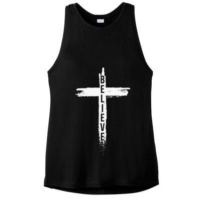 Believe Christian Cross Jesus Christ Christians Ladies PosiCharge Tri-Blend Wicking Tank