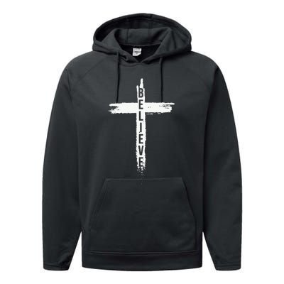 Believe Christian Cross Jesus Christ Christians Performance Fleece Hoodie