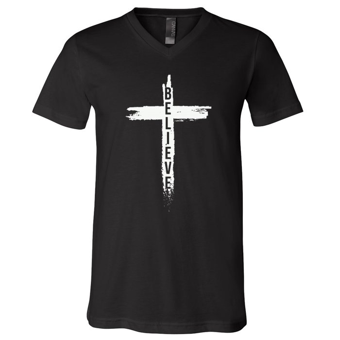 Believe Christian Cross Jesus Christ Christians V-Neck T-Shirt