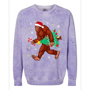 Bigfoot Carrying Christmas Tree Funny Xmas 2021 Sasquatch Colorblast Crewneck Sweatshirt